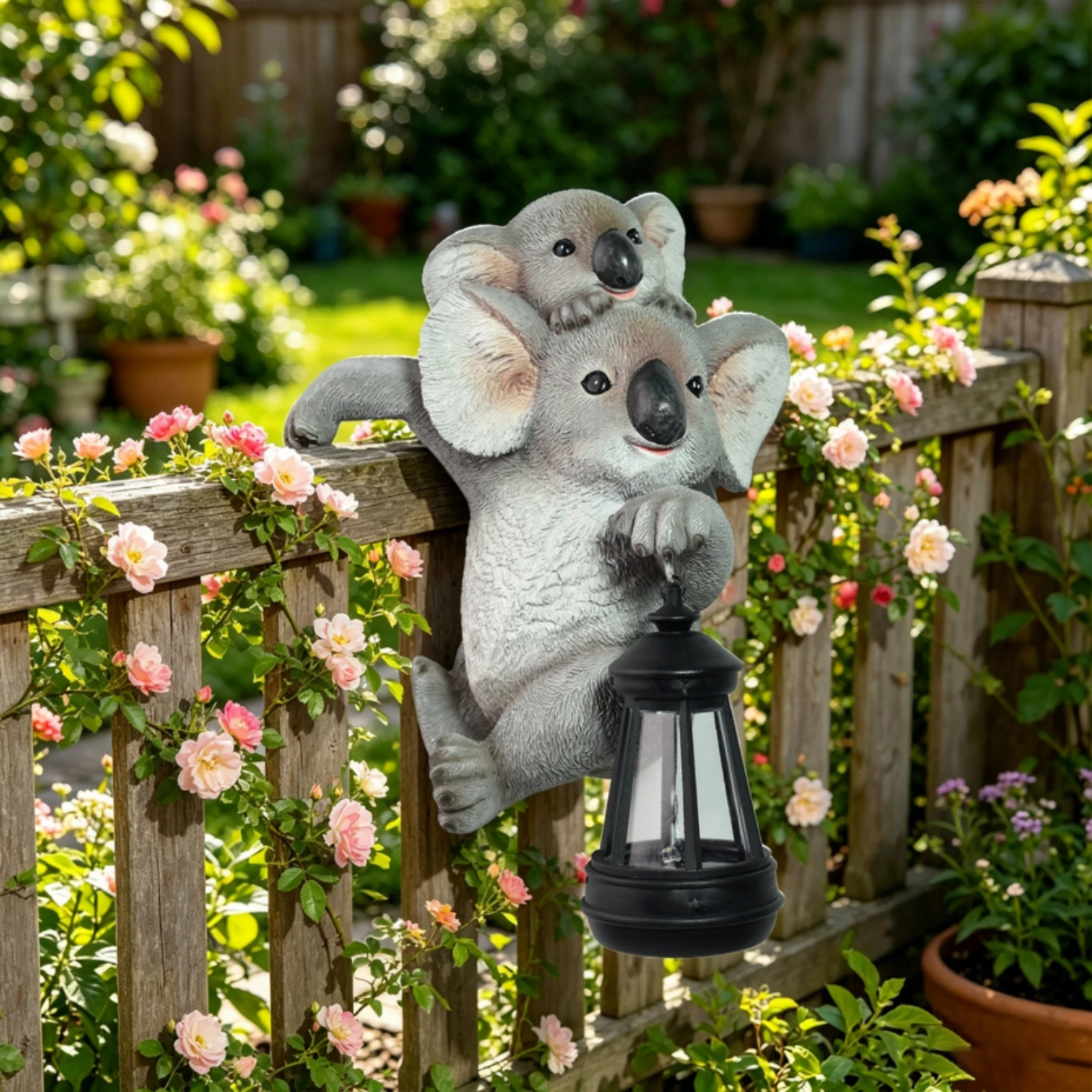 Koala Statue with Lantern Illuminated Koala Statue with Solar Lantern Garden Figurine Easy to Install Weather-Resistant