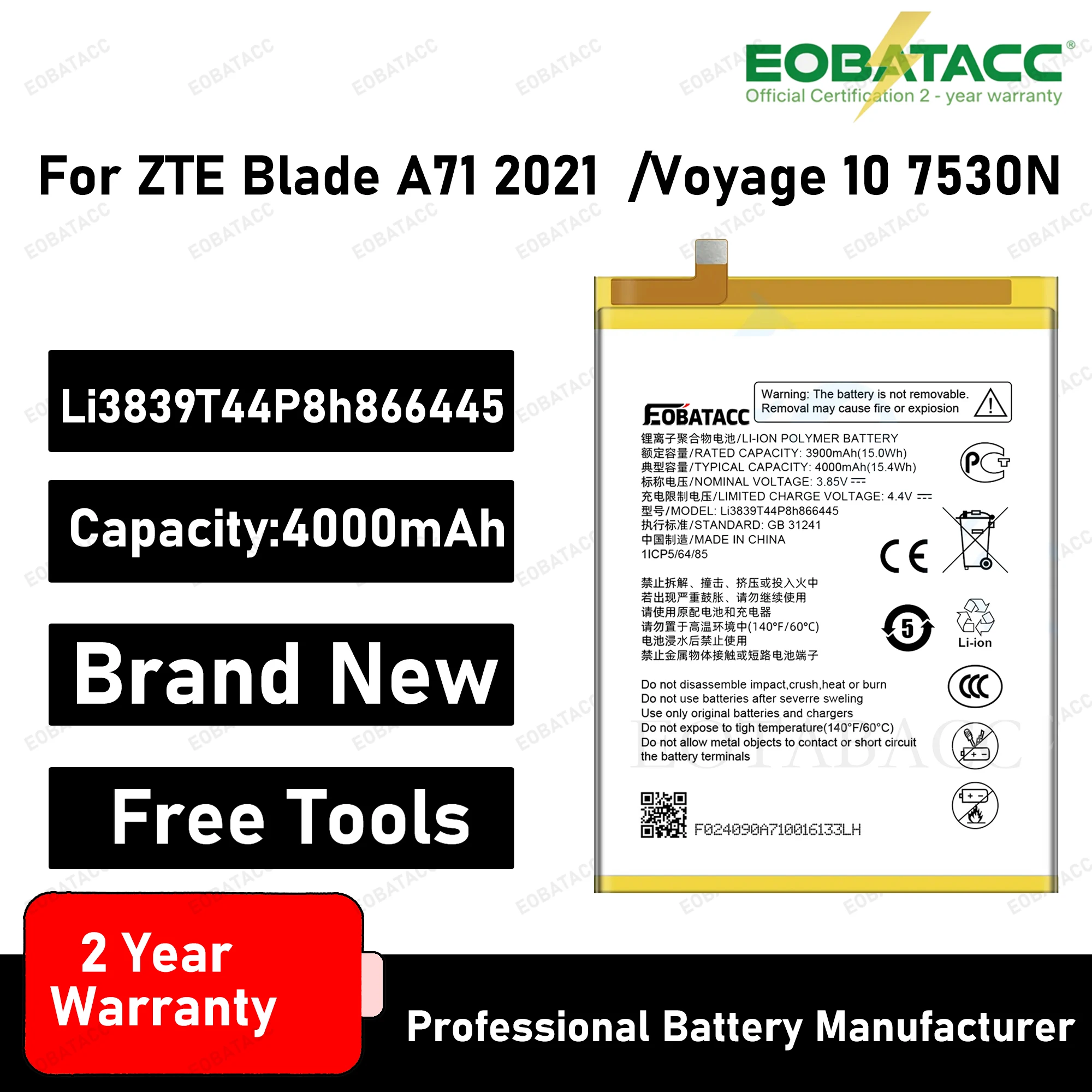 

2025 Years EOBATACC 100% New Li3839T44P8h866445 Battery For ZTE Blade A71 2021,A7030 Battery+ Free Tools