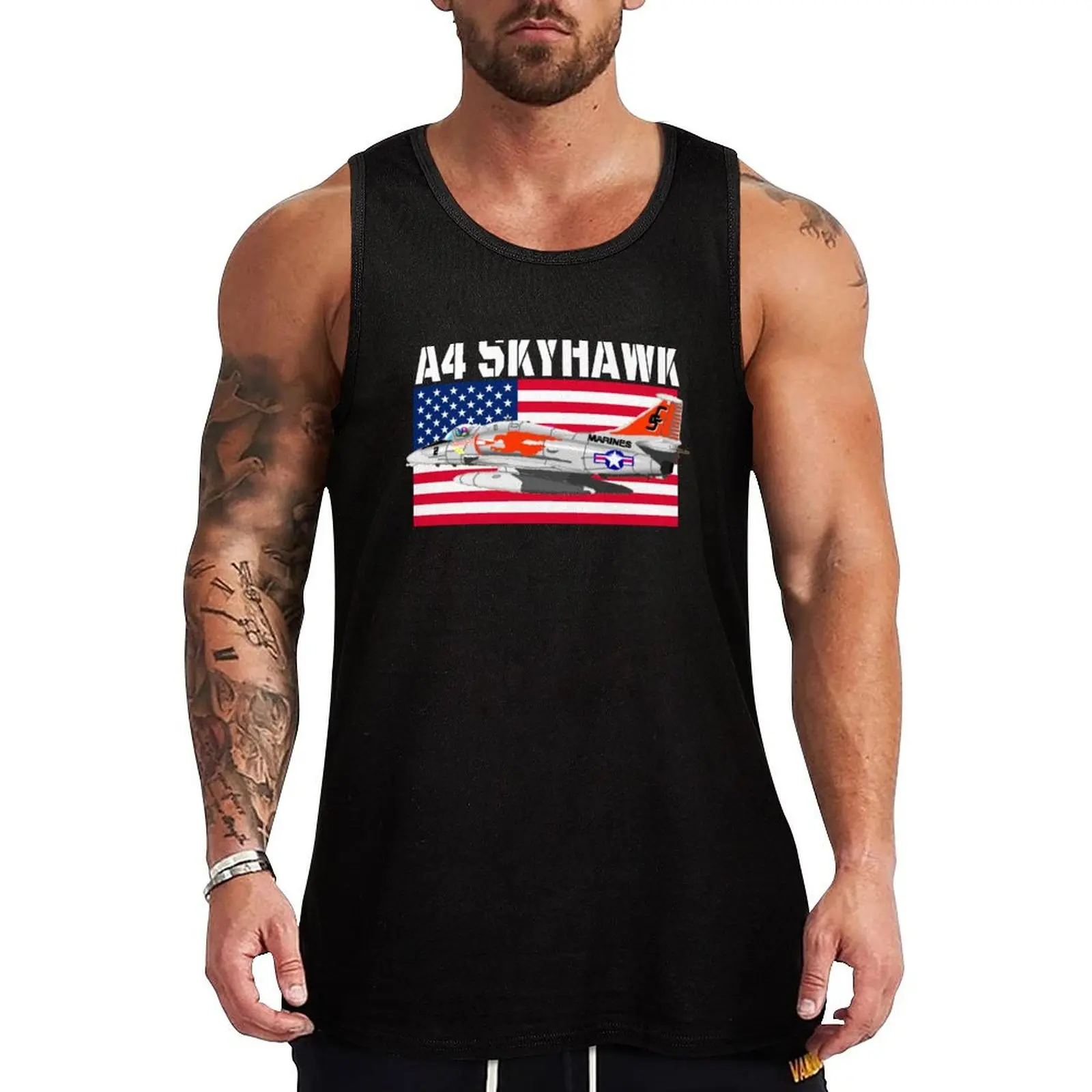 

Marine Corps A-4 Skyhawk and the American flag. Fun pilot and aircraft t-shirts, perfect for aviation buffs and flying Tank Top