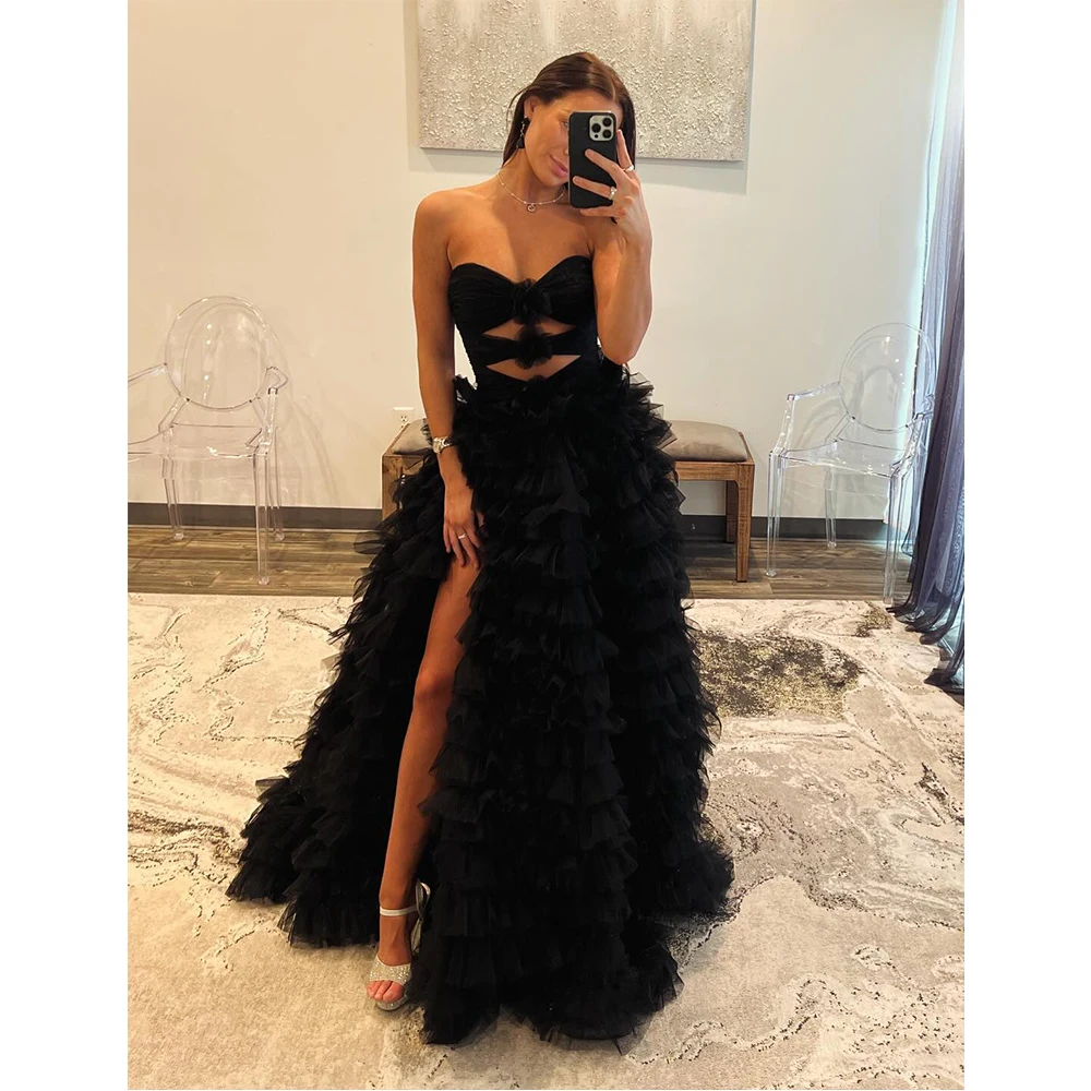 

MVOZEIN Puffy Black Prom Dresses Layers Strapless Long Birthday Party Dress A-Line Special Occasion Formal Gown Vestido