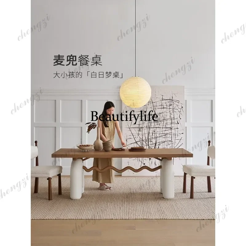 French cream style retro solid wood dining table and chair combination log color table P182