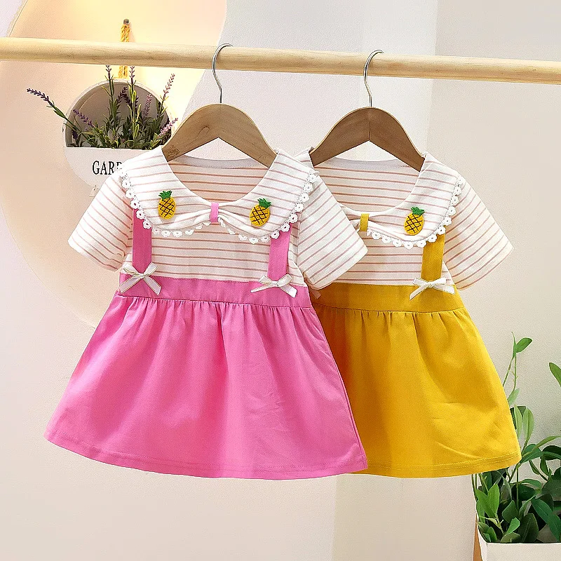 2024 Casual Summer Baby Girls Short Sleeve Patchwork Striped Dress Children\'s Clothing Infant Kids Princess Dress Baby Clothes