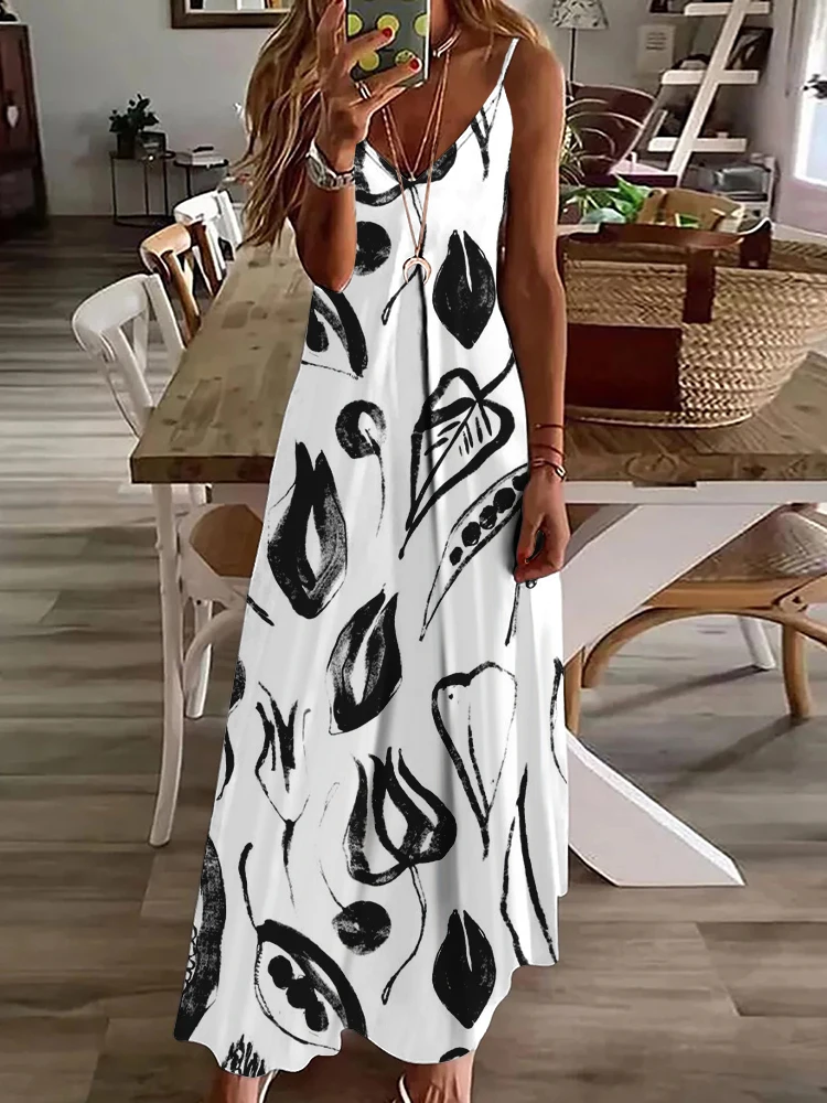 

3D Leaf Print Women's Comfortable Long Dress Summer Daily Casual Women's Sleeveless Dress Urban Street Ladies Elegant Dress
