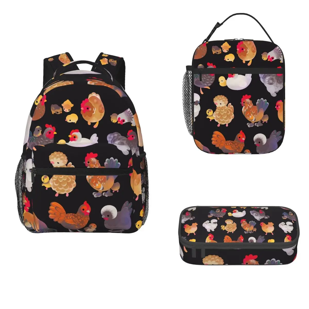 Chicken And Chick - Dark Backpacks Boys Girls Bookbag Students School Bags Cartoon Rucksack Lunch Bag Pen Bag Three-Piece Set