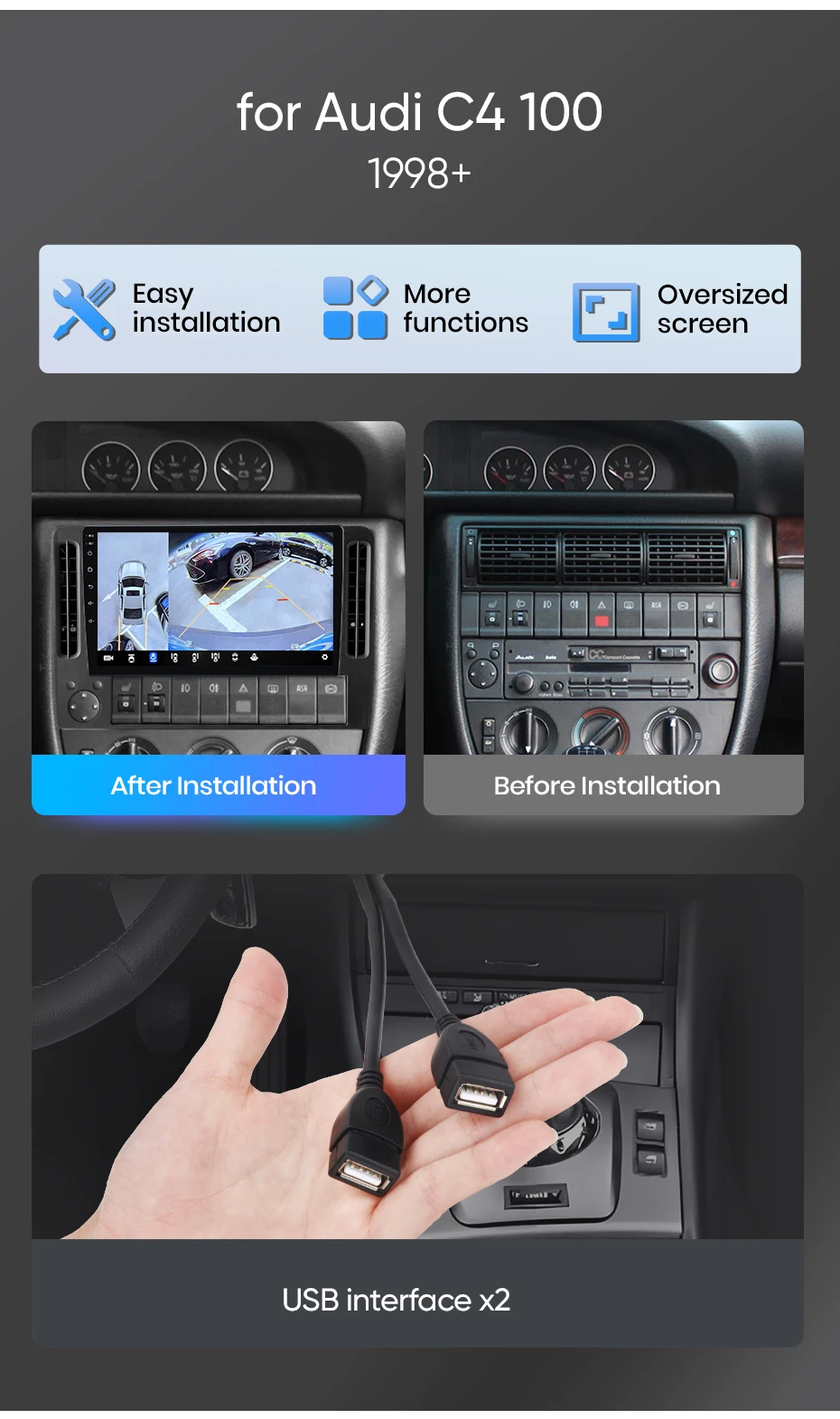 Junsun Kabelloses CarPlay Android Auto Autoradio für Audi C4 100 1998+ GPS Multimedia 2 DIN – Detail 2