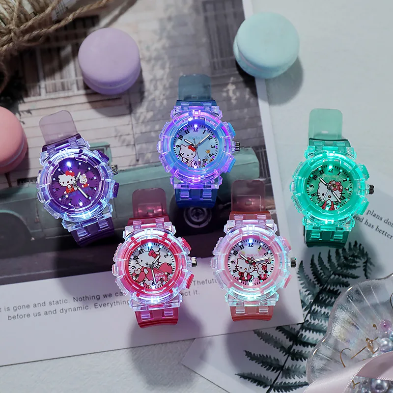 Sanrio Hello Kitty Watch Pattern Led Glowing Flash Children Watches Toys Fashion Quartz Wristwatch Christmas Gifts For Kids