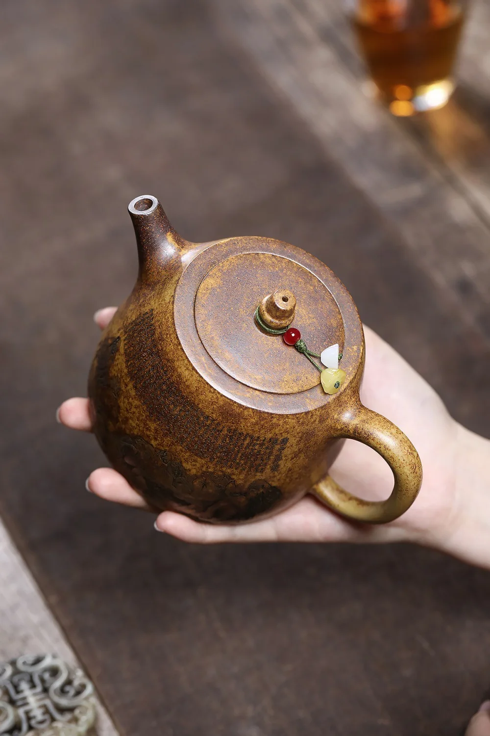 Artisan Handmade Yixing Zisha Brewing Pot, Raw Ore Dragon Bone Gold Sand Wood-fired Hando Teapot Carved with Eighteen Arhats