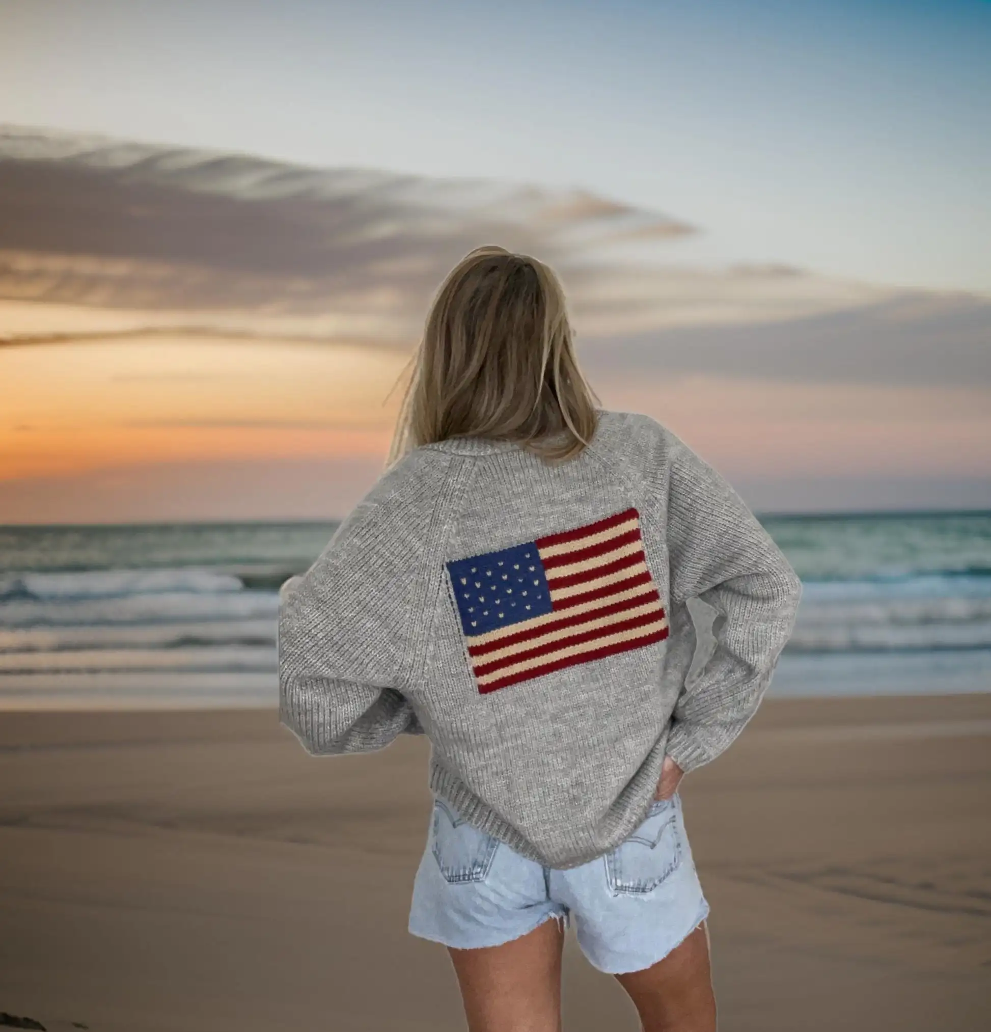 Women Fall y2k Vintage Long Sleeve Cardigan Sweaters American Flag Pattern Casual Single Breasted Slim Chic Lady Tops 2025