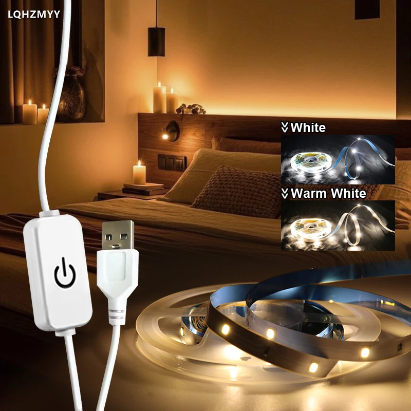 1 roll of low-voltage 5V USB-powered LED light strip with touch dimmer controller, allowing adjustable brightness. Suitable for mirrors, TVs, cabinets, backgrounds, space-themed home decor, sewing machines, live streaming, kitchen lighting, and stairway illumination