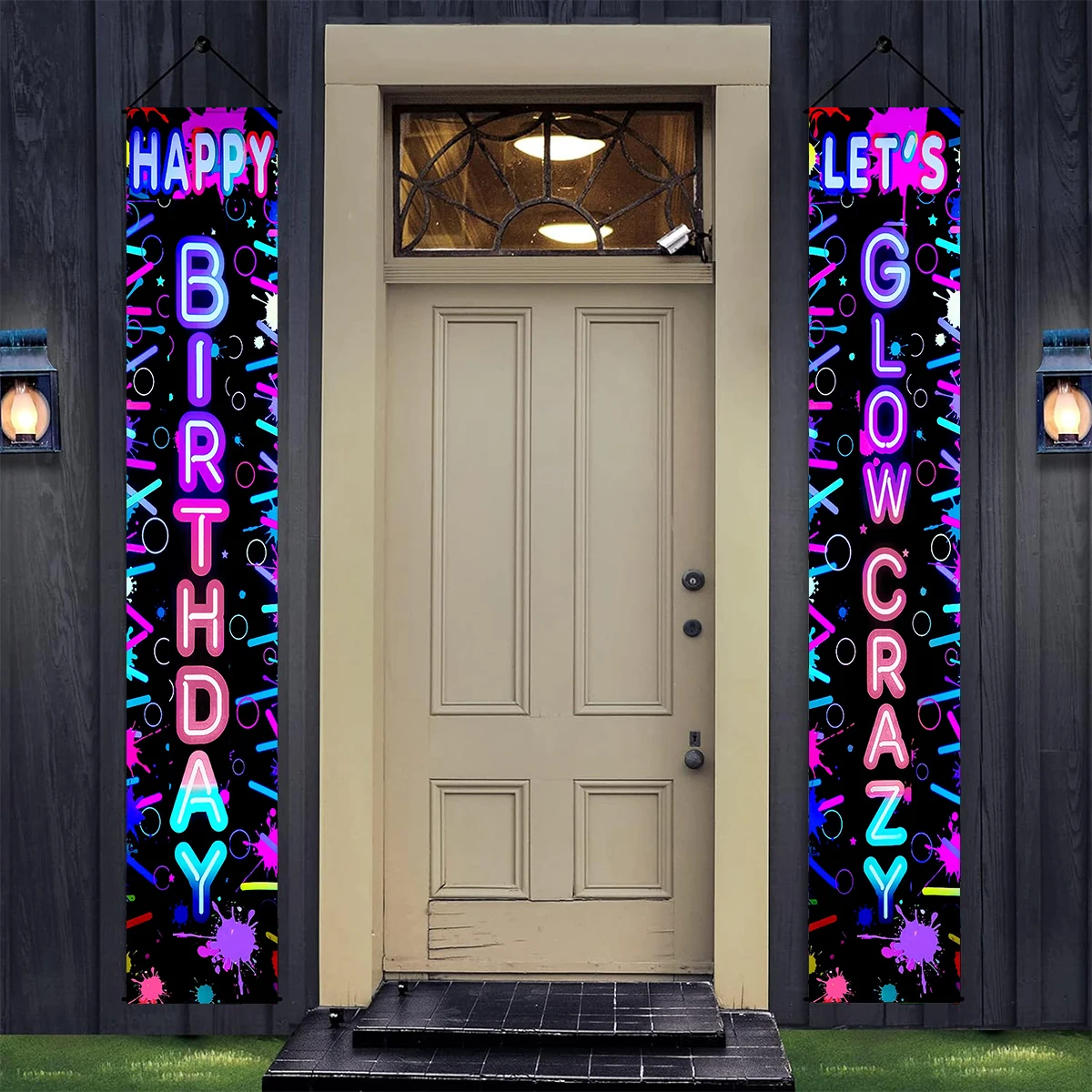 Glow Crazy Happy Birthday Door Banner Fluorescent Party Decor Glow Neon Birthday Party Decoration Black Light Party Supplies