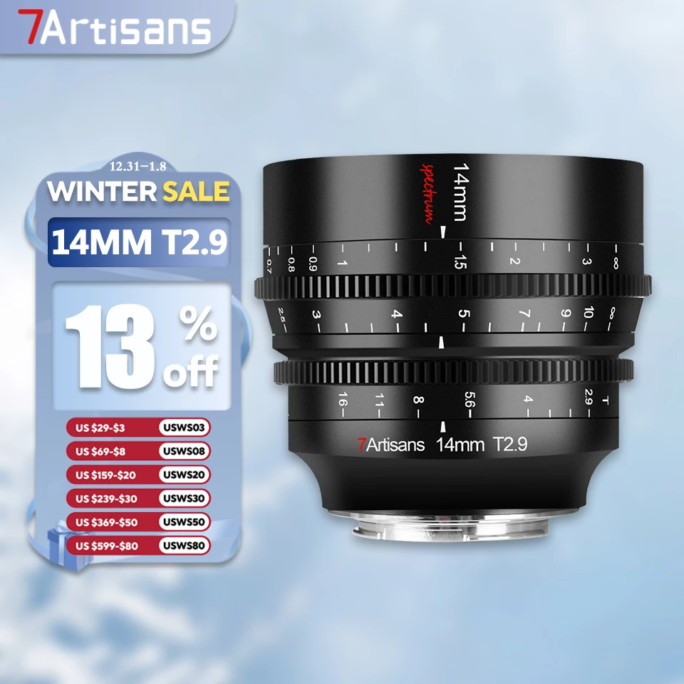 7artisans Full Frame 14mm T2.9 APSH Prime Cine Lens for Camera Studio Photography with Sony E Nikon Z Canon RF Sigma L Mount