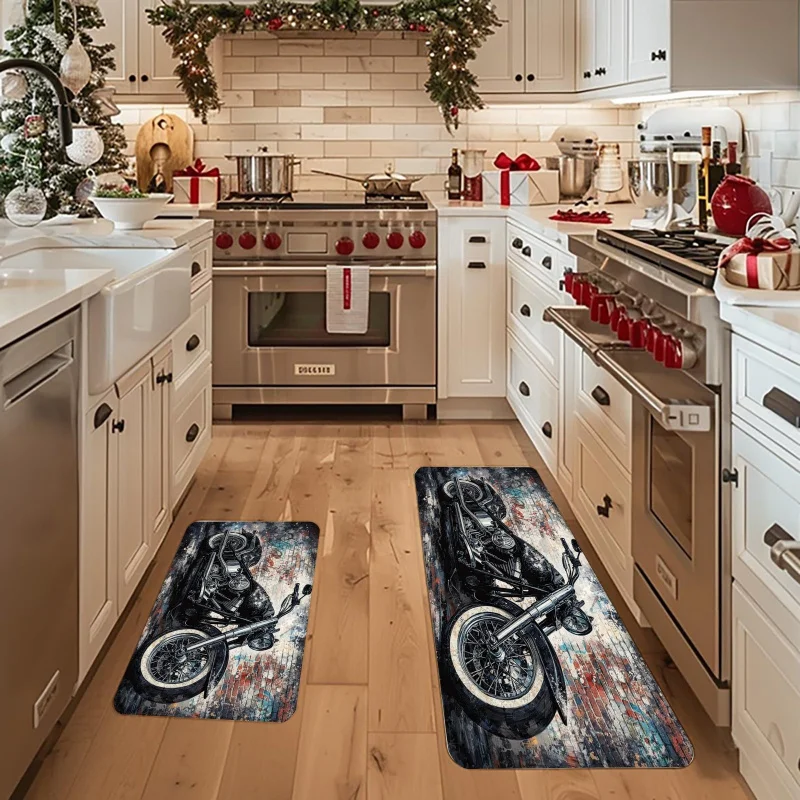 VIKAMA Retro Distressed Motorcycle Kitchen Runner Rug Vintage Chopper Bike On Brick Wall Print Non Slip Oil Resistant Long Floor