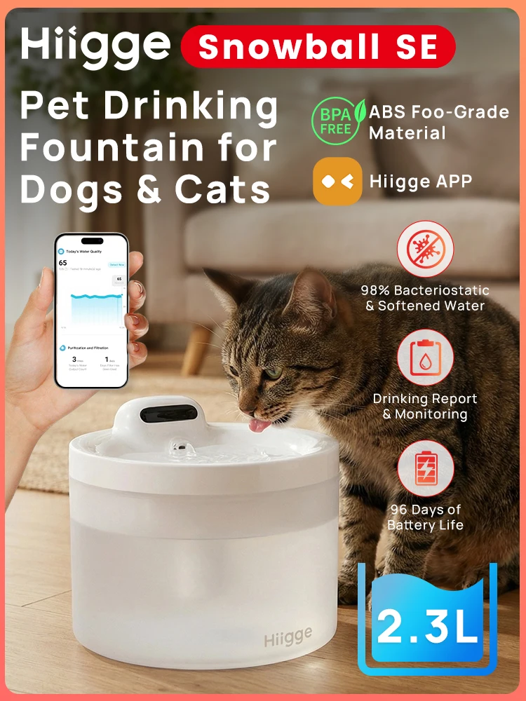 Hiigge Cat Water Fountain SE Wireless Automatic Pet Drinker for Dog Cats Water Dispenser with data analysis