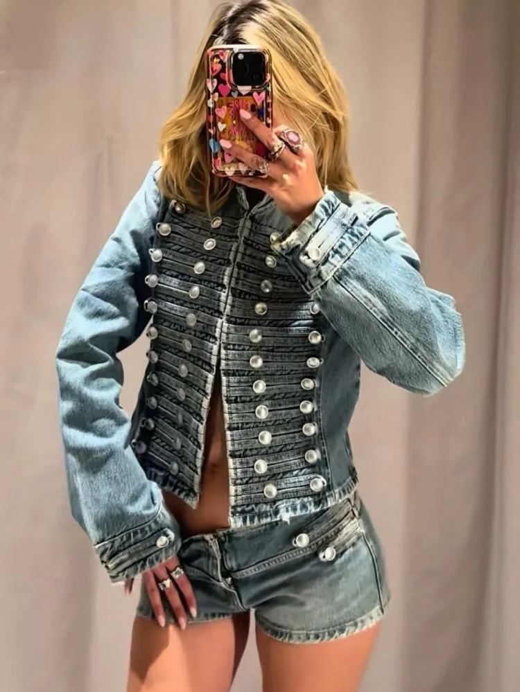 Multi Metal Button Cropped Denim Jacket Close Fitting Stripe Pleated Front Washed Blue Slim Fit Casual Jean Outerwear 260701
