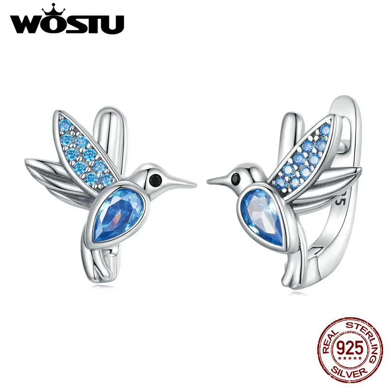 WOSTU 925 Sterling Silver Humming Bird Hoop Earrings For Women Blue Crystal Drop Ear Clips Earring Ladies luxury Wedding Jewelry