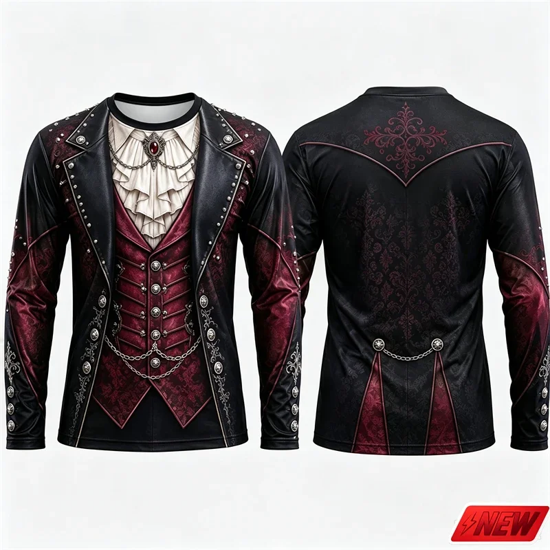 Gothic Vampire Costume Long Sleeve T‑Shirt Men 3D Print Fake Jacket Shirt Graphic Novelty Tee Halloween Cosplay Party Top