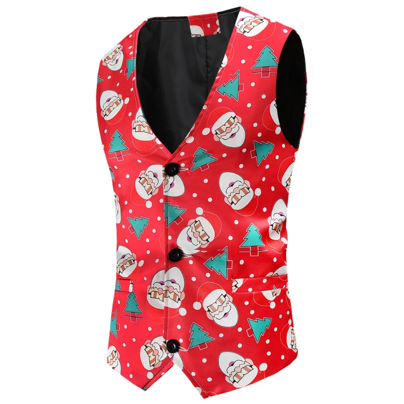 

Santa Claus Print Suits Vest Men 2024 New Single-Breasted V-Neck Christmas Gilet Homme Fashion Party New Year Dress Up Clothing