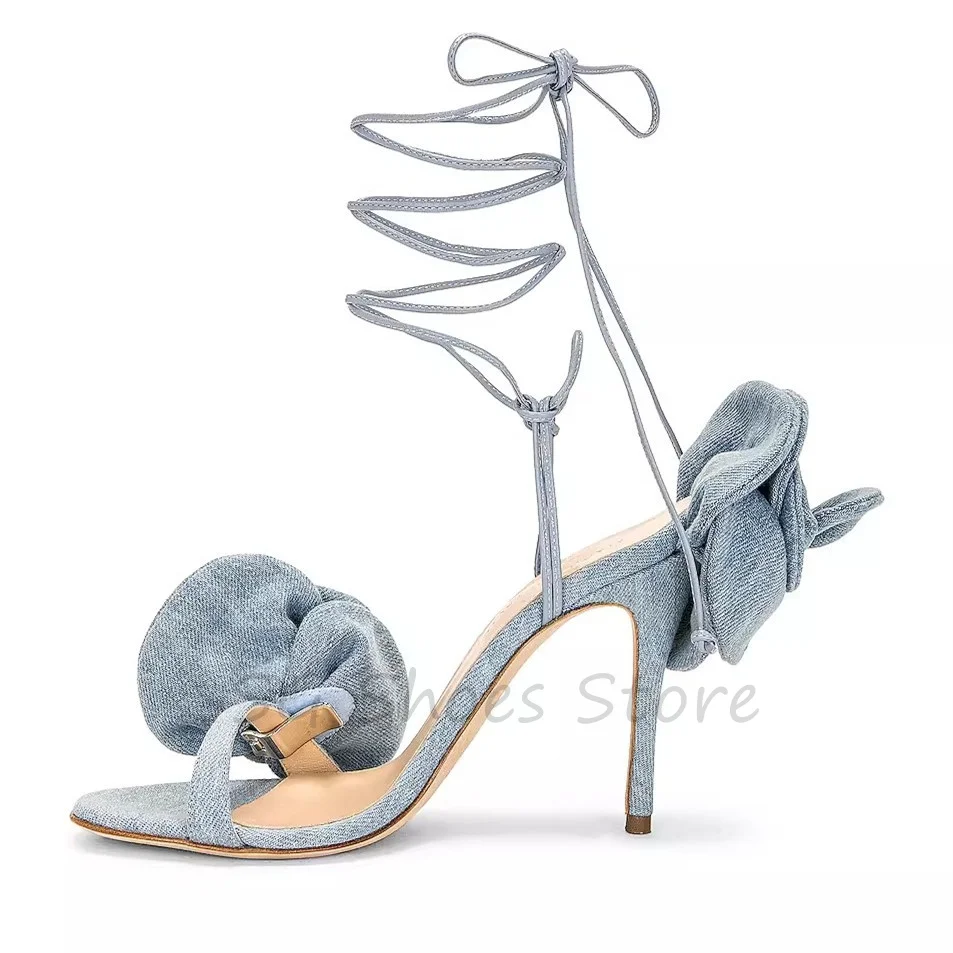 Denim Ankle Cross Strap Hight Heels for Women Rose Flowers Decor Sandals Peep Toe Thin Heel Slingback Pumps Wedding Bride Shoes