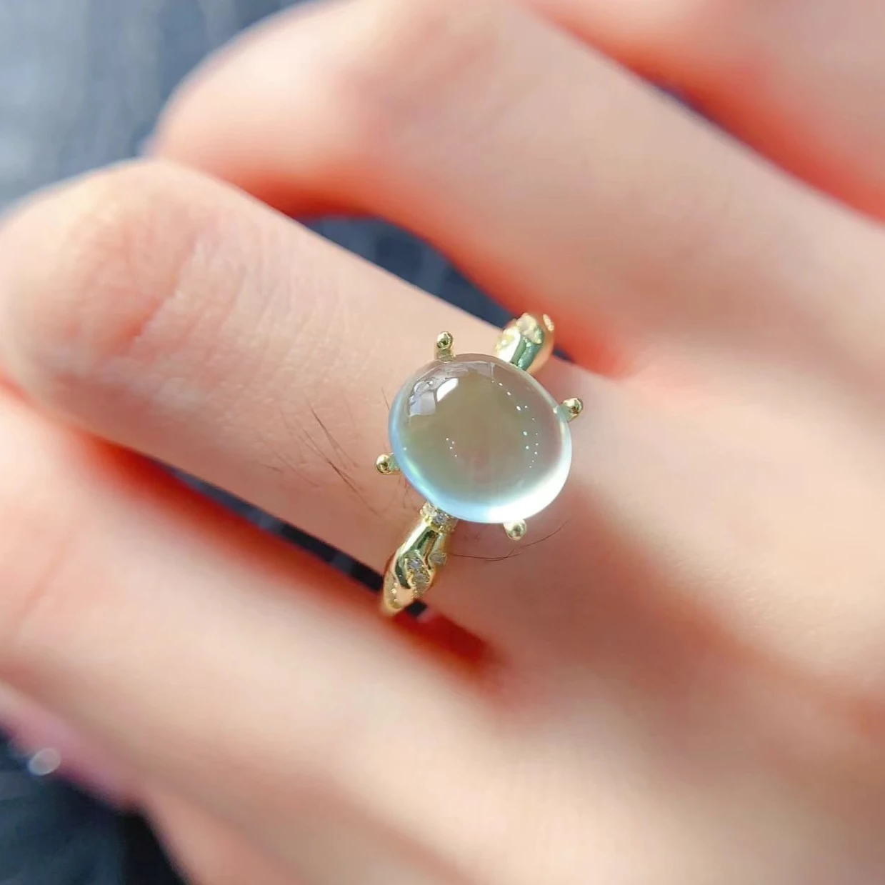 925 Silver Natural Prehnite Ring Certified Fine Jewelry Gold Plated 8*10mm Oval Solitaire Minimalist Statement Gemstone Ring