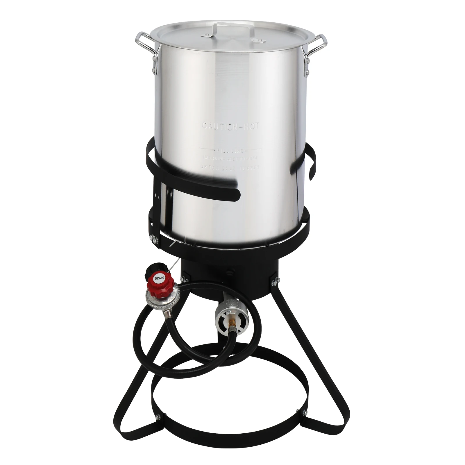 Ensemble de quatre pièces de cadre de cuisinière en fer rond noir, marmite à dinde en aluminium argenté, marmite à poisson, friteuse à gaz, 13x32 pouces, 30qt, 10qt