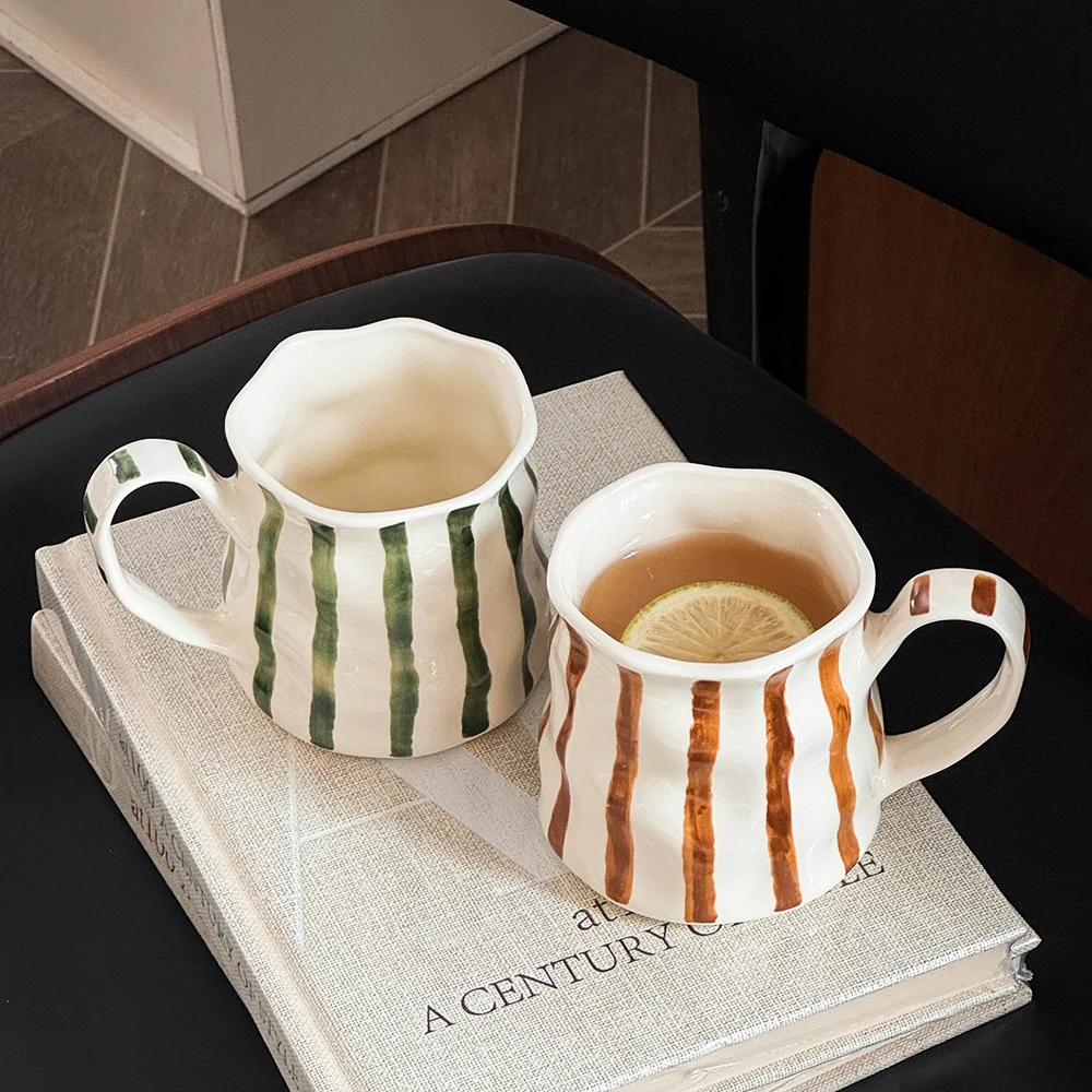 Creative Striped Ceramic Mugs Hand-Pinched Irregular Porcelain Cups Ins Style Vintage Household Couple Coffee Cup Milk Mug