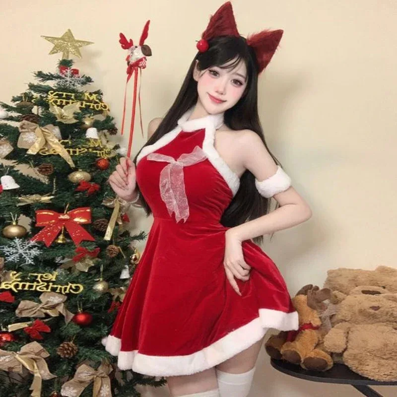 فستان بحمالات عيد الميلاد بدون ظهر، زي حفلة عيد الميلاد، زي نسائي أحمر للعام الجديد، زي لعب الأدوار، مجموعة فتاة لطيفة