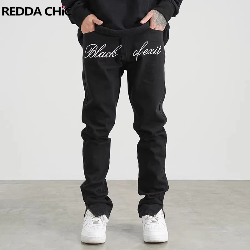 

REDDACHIC узкие джинсы с вышивкой букв, мужские узкие брюки больших размеров с карманами на молнии и боковым разрезом, винтажная повседневная уличная одежда в стиле хип-хоп