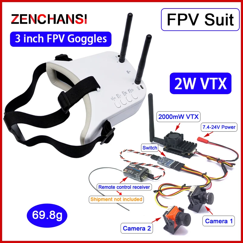 Long Range 5.8Ghz 2W FPV Wireless Transmitter Dual Video fpv Camera CMOS 1500TVL and 5.8G 48CH Dual Antennas 3 Inch FPV Goggles