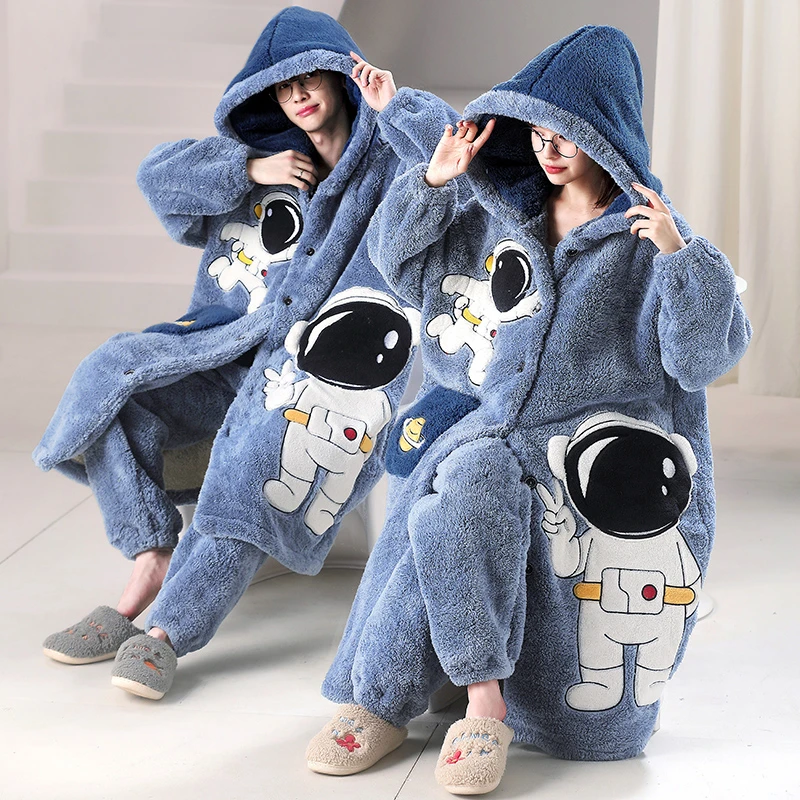 Couples Night-robe Pajamas Women Men Cartoon Astronaut Hooded Robe Winter Coral Velvet Men Pijama Thick Plush Kawaii Robe