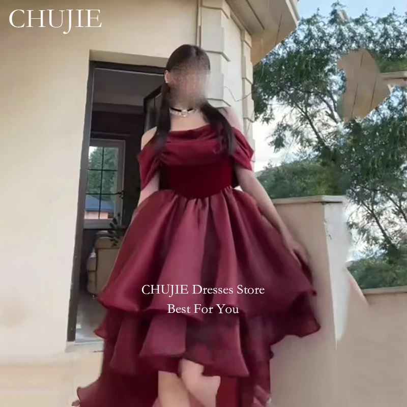 Elegant Dark Burgundy Off Shoulder Prom Dress Asymmetry HIgh Low Gala Party Gown Organza Floor Length Cocktail Dress Customized
