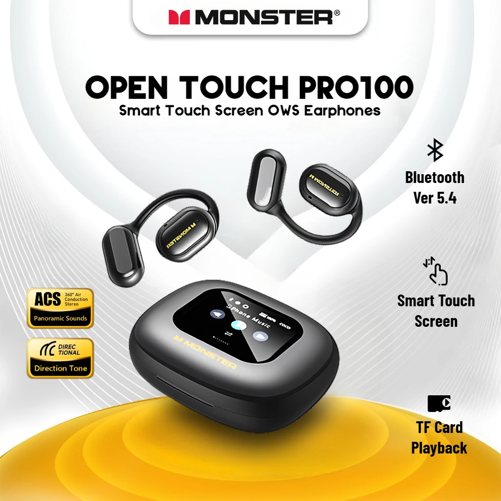 Monster Smart Touch Screen Bluetooth 5.4 Earphones Sports OWS Wireless Headphone IPX5 Waterproof Headsets Support TF Card Music 