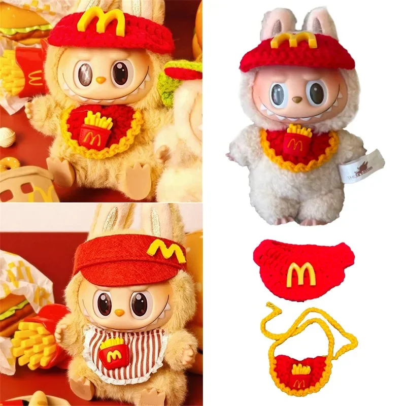 

Cute Baby Bib For Labubu 15 17cm Fast Food Wool Knitting Workwear Outfit Clothes Hambuger Fries M Cosplay Cloting Set Accessorie