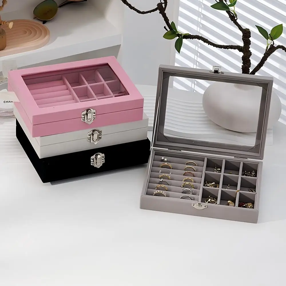 Multi Color Hard Shell Jewelry Box with Glass Lid, Velvet Lined Divided Ring Earring Storage Organizer Gift Case for Women