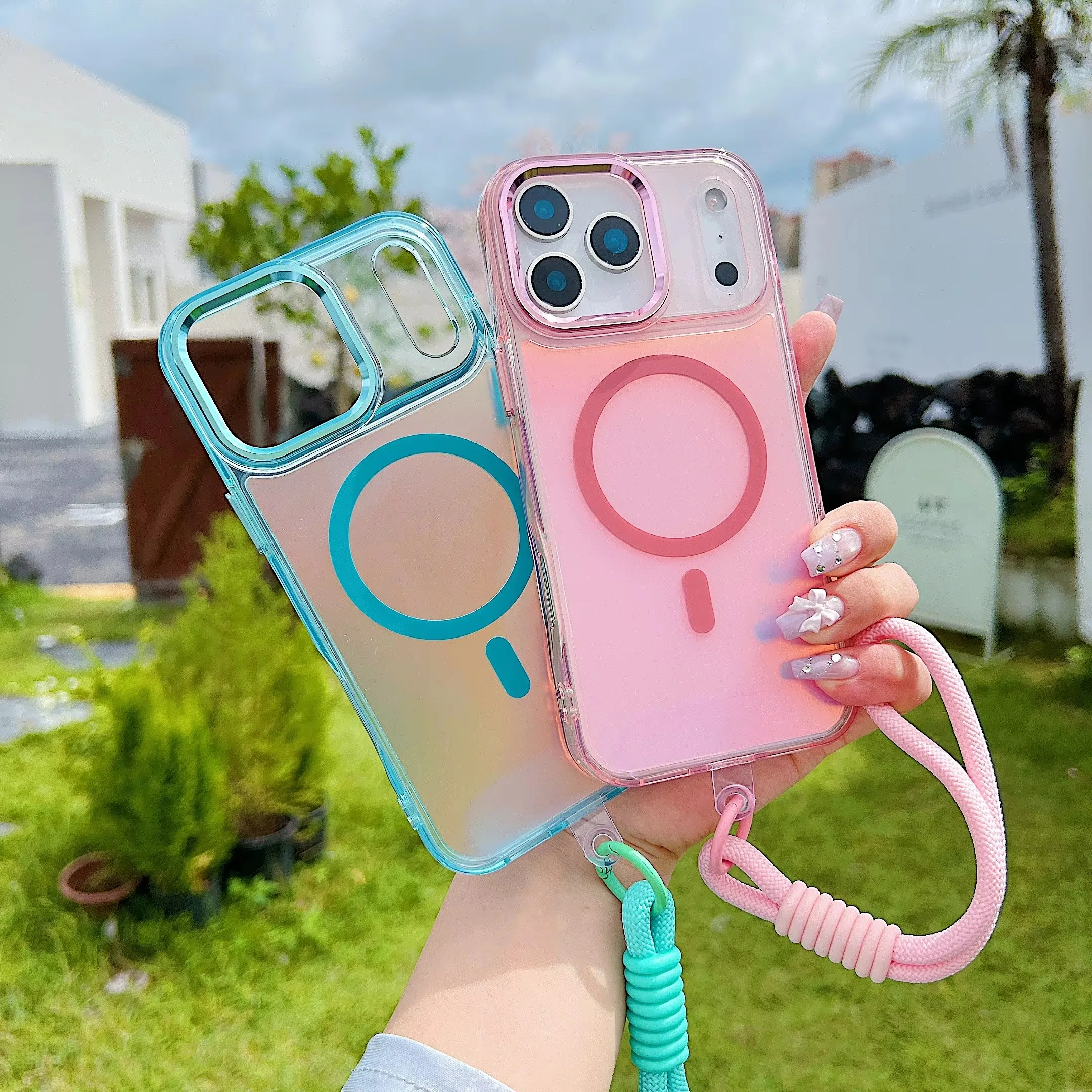 

Luxury Dopamine gradient Color Magnetic Case For iPhone 17 16 15 14 Plus 13 12 Pro Max 17 Air Shockproof Cover Bring Hand Rope