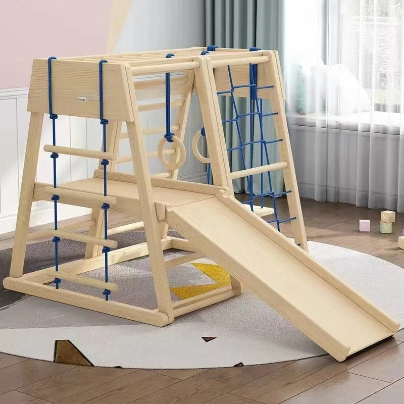 JMZ Wooden Slide Kids Indoor Climbing Frame Swing Mesh Rope Combination Toddler Solid Wood Small Playset for Children Room
