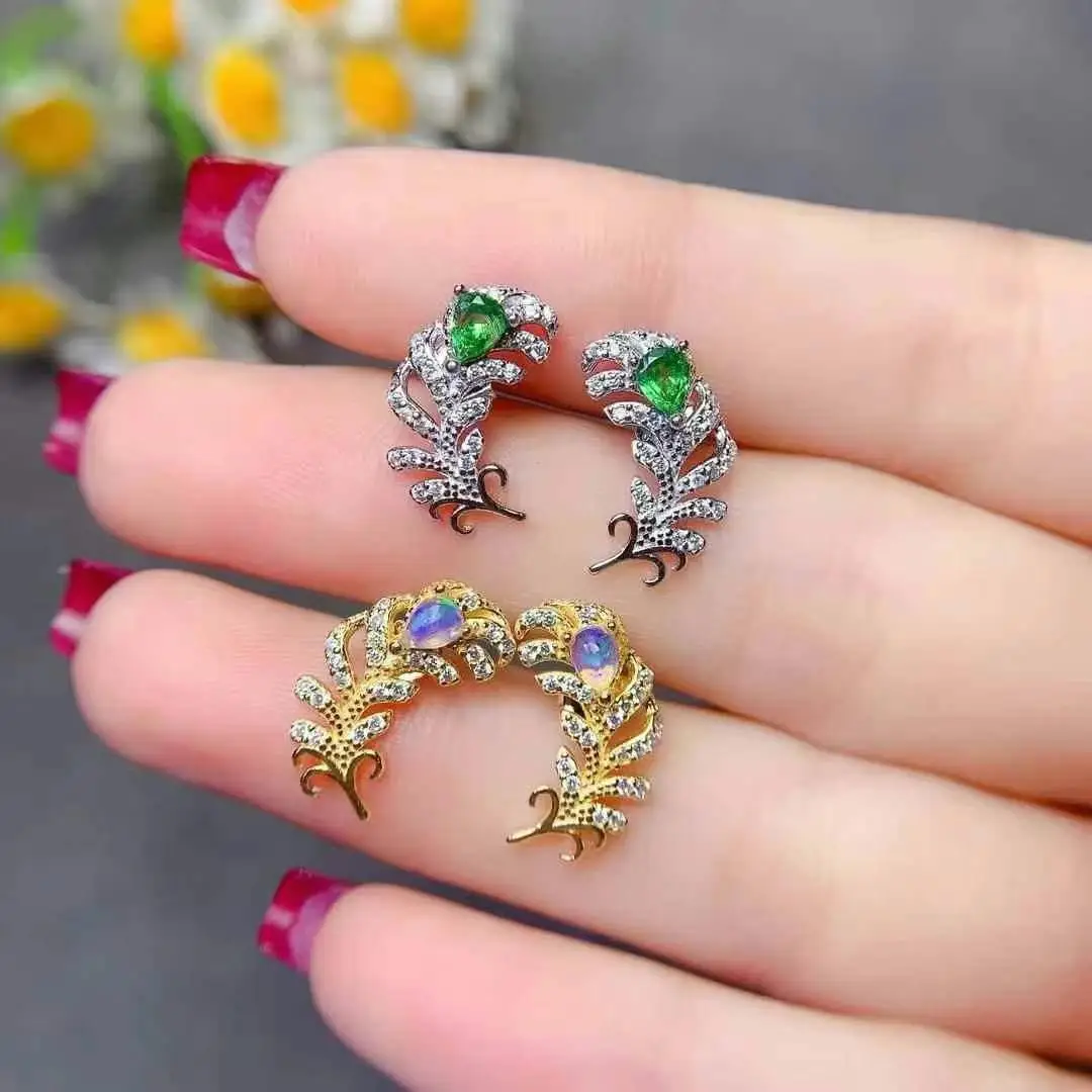 

Anniversary Jewelry Natural Real Opal and Emerald earring 925 Sterling Silver Women earrings