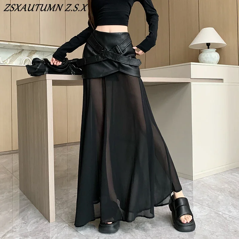 Black Leather Skirt Women Slim Mesh Stitching Leather Bag Hip Korean Pleated Fashion Autumn Long Skirt Fishtail Skirt New