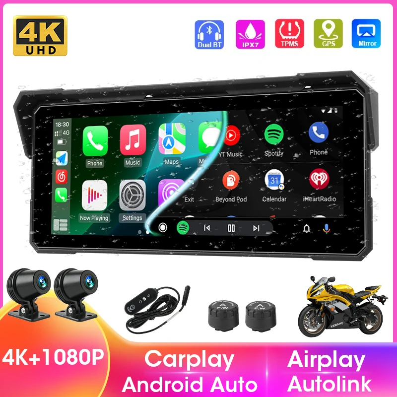 

5/8,1-дюймовый мотоциклетный видеорегистратор с GPS-навигацией, 4K + 1080P, водонепроницаемый монитор с двумя объективами для беспроводного Apple Carplay Android Auto Recorder