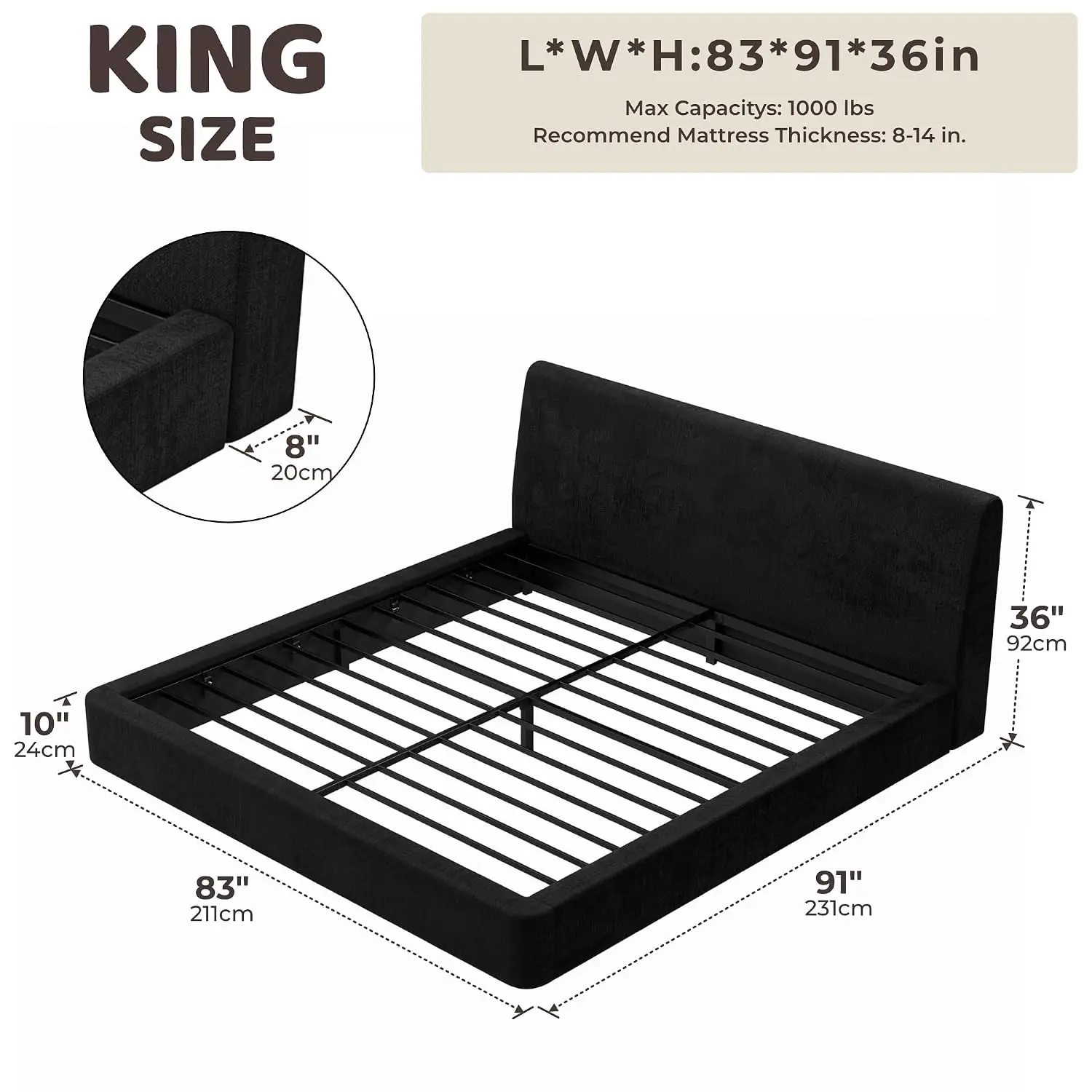 Upholstered Bed King Size Ergonomic Angled Headboard Platform Metal Slats Support Bedroom Furniture, Customized