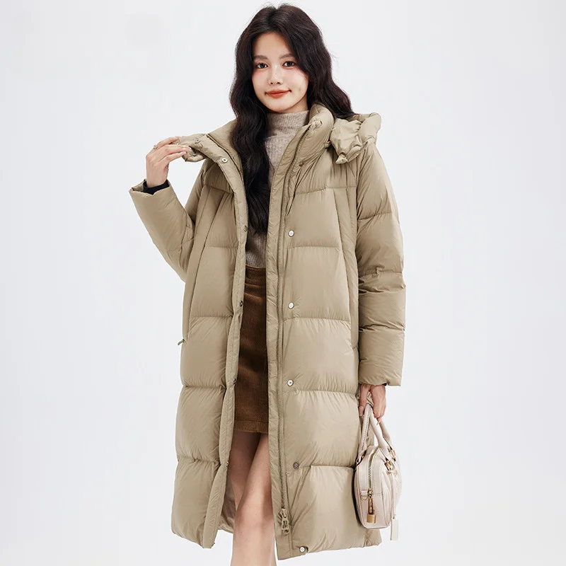 

Women's Winter Jacket New White Duck Down Warm Long Down Jacket Hooded Thicked Loose Women's Puffer Jacket Removable Cap Coat