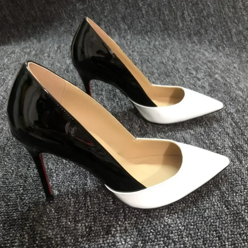 

Top Quality Designer Red Bottoms Heel Patchwork Black White Women Patent Pointy Toe High Heels Shoes Ladies Dress Stiletto Pumps