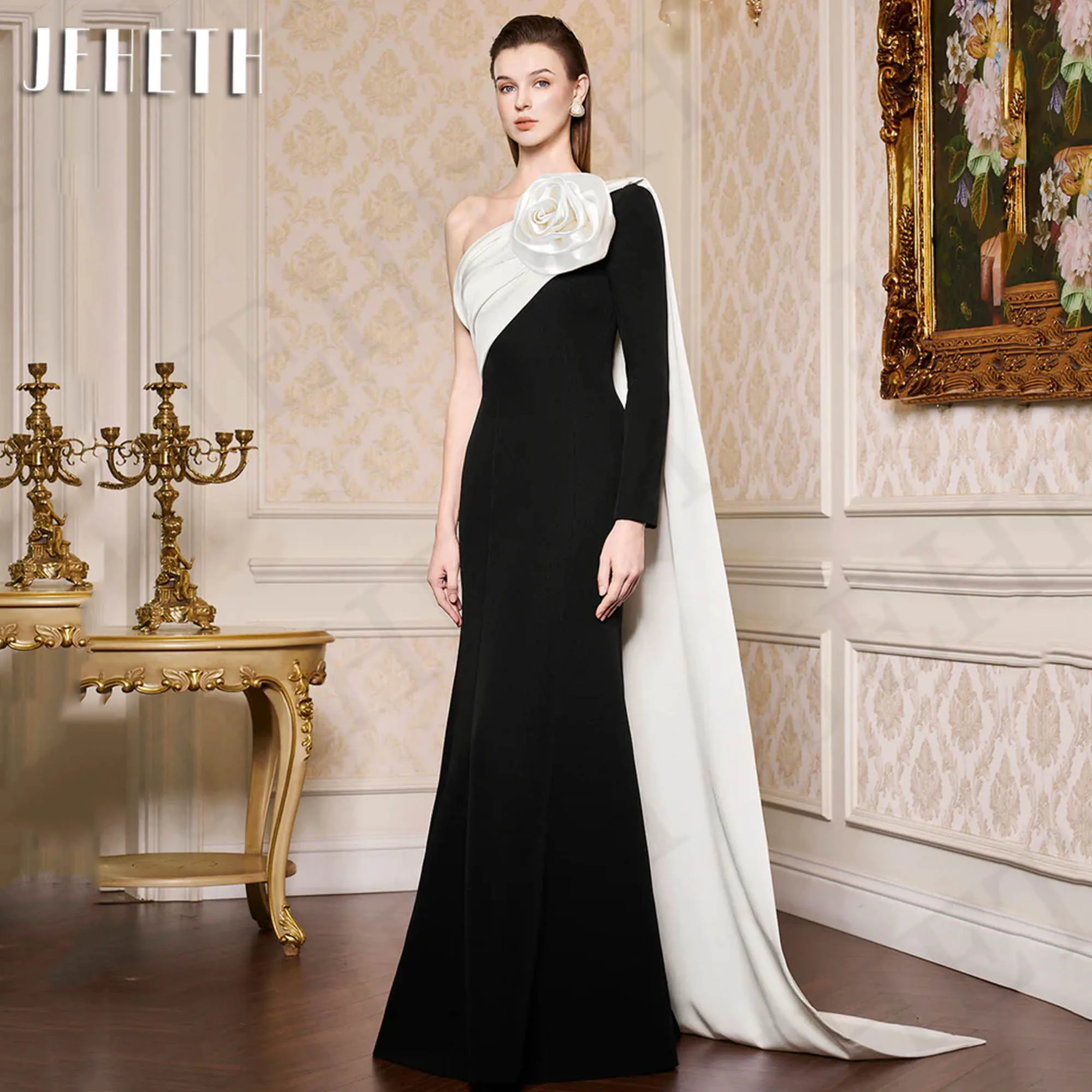 JEHETH Saudi Arabia Elegant Mermaid Evening Dress Woman 3D Satin Flowers One Shoulder Formal Occasion Dresses فساتين سهرة Black