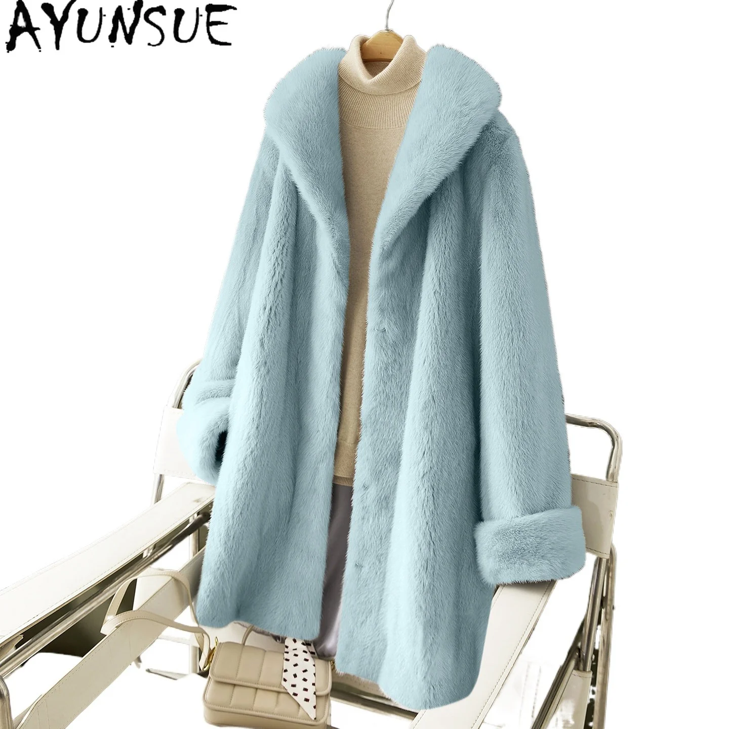AYUSNUE Natural Female Mink Fur Coat Women Luxury Winter Clothes Mid-long Whole Mink Woman Coats Warm Fashion New Шуба Женская