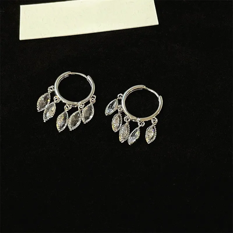 New Sparkling Leaves Silver Color Tassels Copper Zircon Water Droplets Hoop Earrings Women's Premium Luxury Party Jewelry Gifts