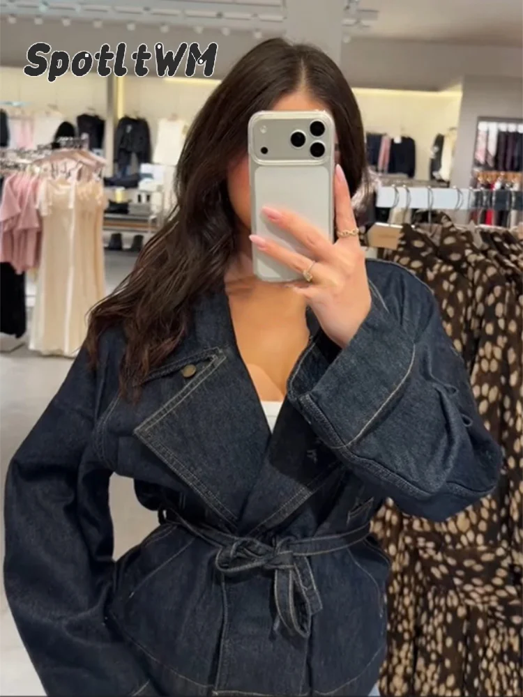 Vintage Trench Coat - Women Dark Denim Trench Jacket Lapel