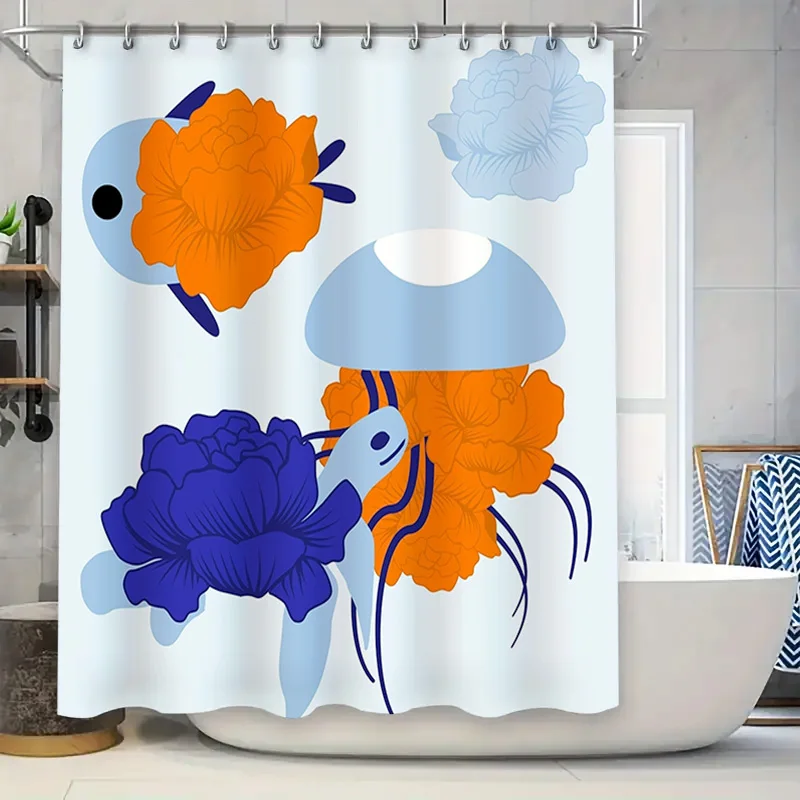 

Украсьте свою ванную комнату за допомогою этого привлекательного цветочной занавески для душа синего и оранжевого цвета, идеально подходит для добавления выскакивающего цвета