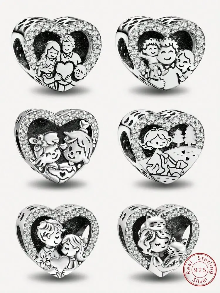 

Браслет из серебра 925 пробы с подвесками в виде кошки и сердца, серия Sweet Warm Home Girl, для самостоятельного изготовления, высококачественное ювелирное изделие, подарок.