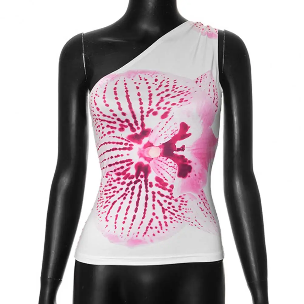 

One-shoulder Asymmetrical Collar Blouse Asymmetrical Collar Top Floral Print One-shoulder Collar Women's Vest Slim Fit Elastic