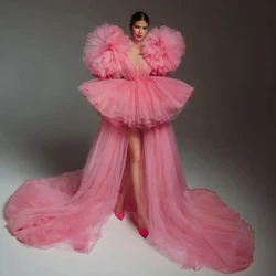 Fabulous Pink High Low Prom Gown Fluffy Tulle Party Dresses Ball Gown Sleeves Birthday Event Formal Dress Vestidos de fiesta