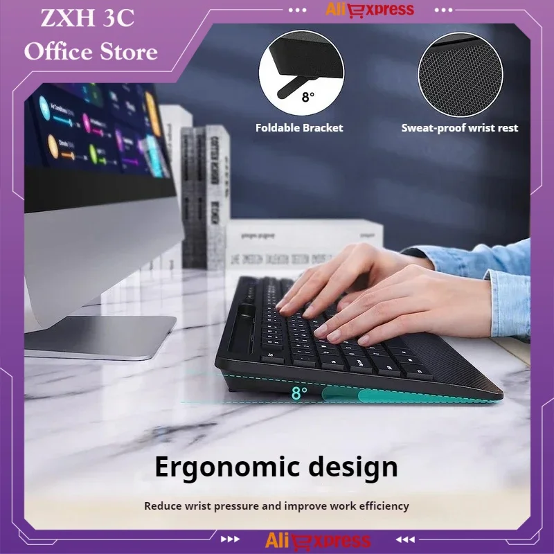 Wireless Keyboard Mouse Set Ergonomic Design 2.4g Built-In Phone Stand Desktop Computer Laptop Typing Office Peripherals